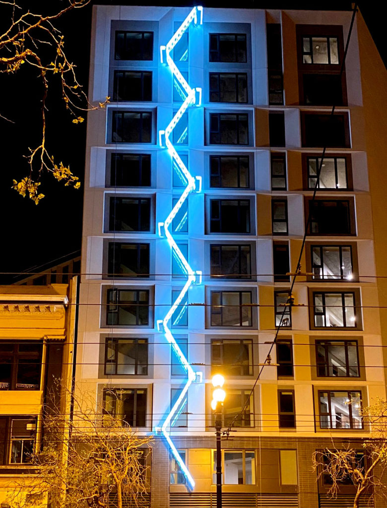 The Ladder by Iván Navarro. Art Installation on 50 Jones Apartments at Market Street in San Francisco