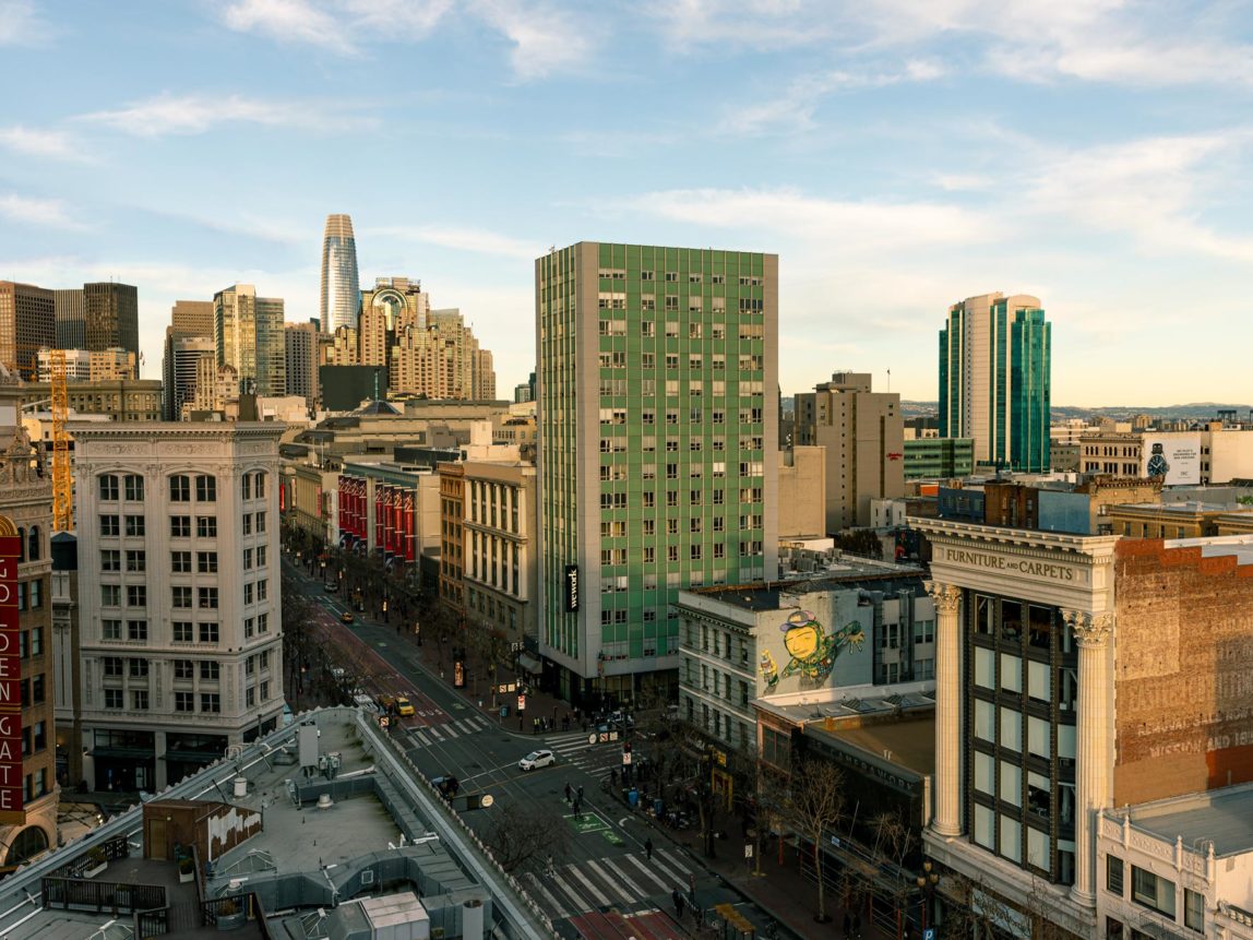 Eastern skyline view of San Francisco from 50 Jones Apartments rooftop