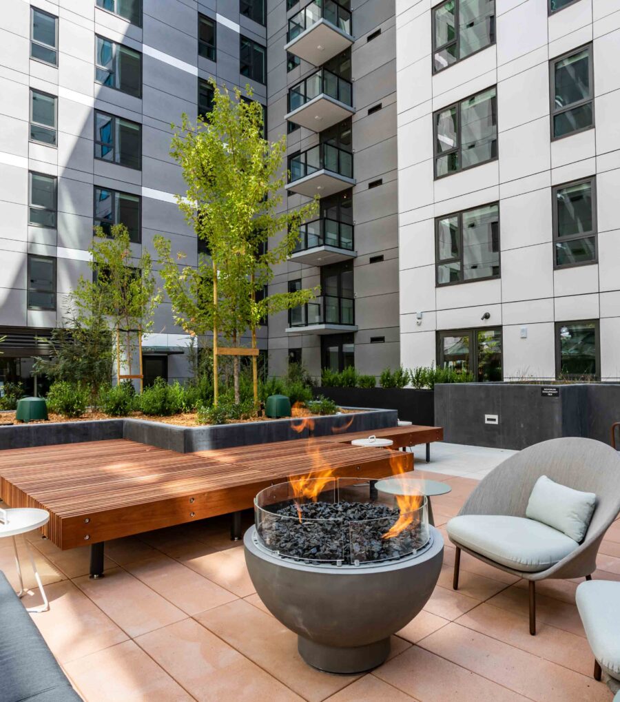 Luxury Apartments Near Union Square - 50 Jones - Landscaped Courtyard with Fire Pit, Social Seating, and Relaxing Spaces.