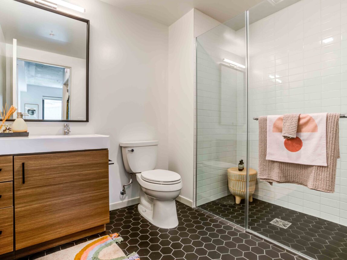 50 Jones San Francisco Apartments Bathroom with Glass Shower and Hex Tile